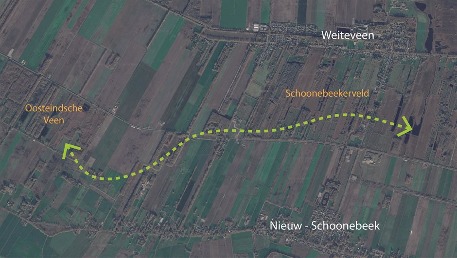 Luchtfoto met pijl die de route van dieren toont van Schoonebeekerveld naar Oosteindsche Veen, langs Nieuw-Schoonebeek