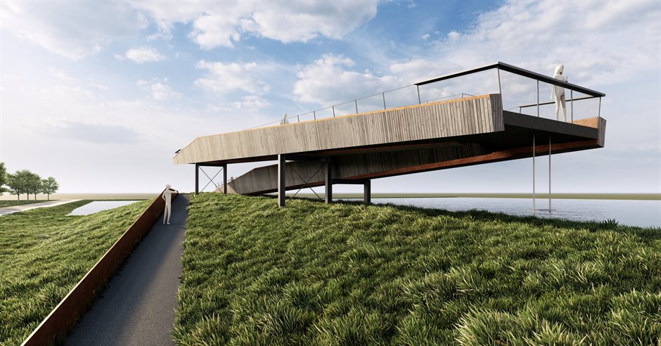 Houten uitkijkpunt op palen boven het water, met een pad over een grasdijk ernaartoe